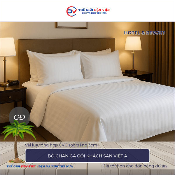 Bộ chăn ga gối khách sạn Việt Á vải lụa tổng hợp CVC sọc trắng 3cm 4-3